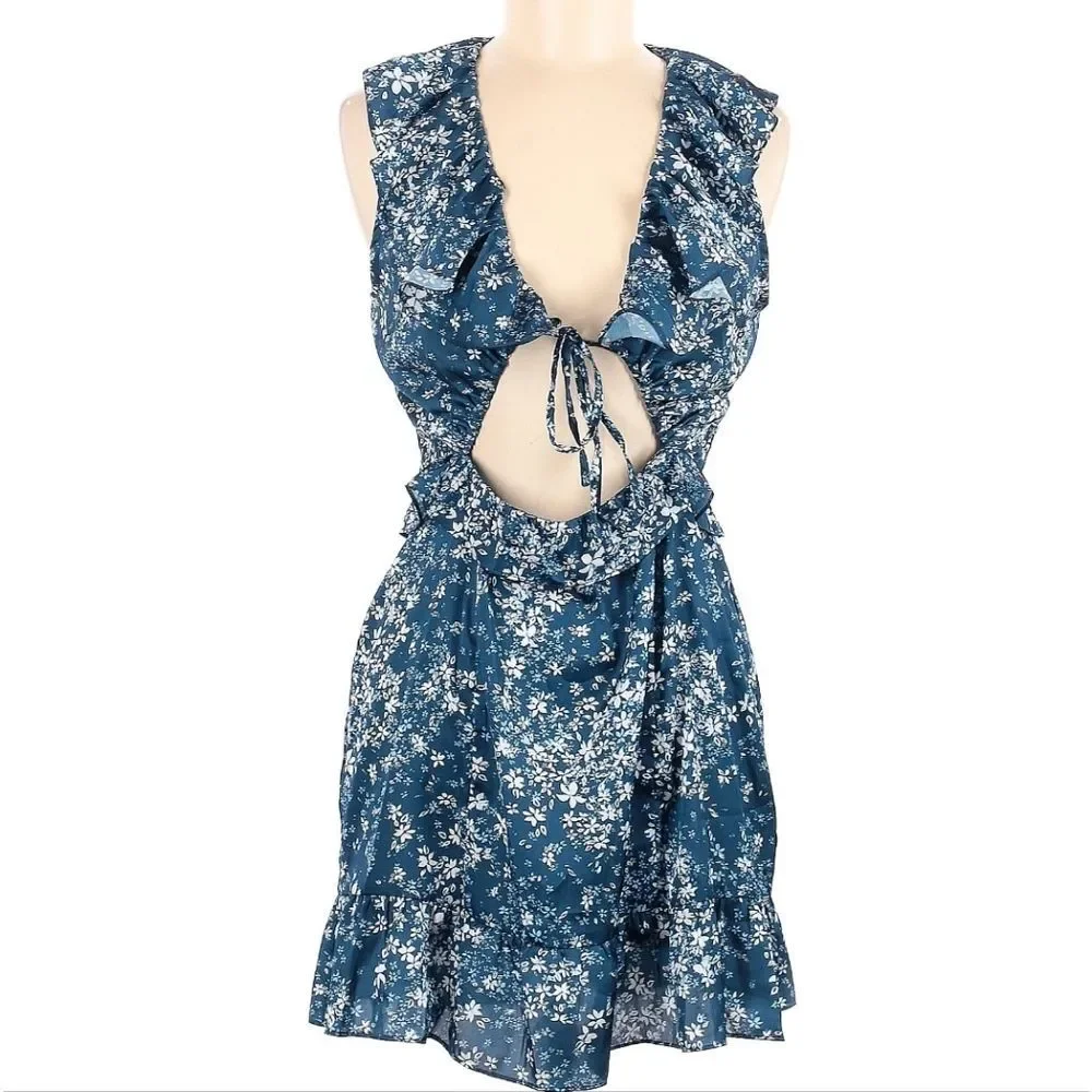 TULAROSA NWT Tanya Satin Blue Floral Cut-Out Ruffle Dress with Tie‎ front Medium